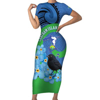 New Zealand Chatham Islands Family Matching Short Sleeve Bodycon Dress and Hawaiian Shirt Wharekauri Forget Me Not With Black Robin LT14 Mom's Dress Blue - Polynesian Pride