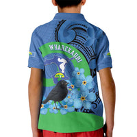 New Zealand Chatham Islands Kid Polo Shirt Wharekauri Forget Me Not With Black Robin LT14 - Polynesian Pride