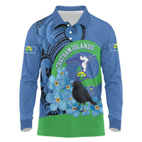 New Zealand Chatham Islands Long Sleeve Polo Shirt Wharekauri Forget Me Not With Black Robin LT14 Blue - Polynesian Pride