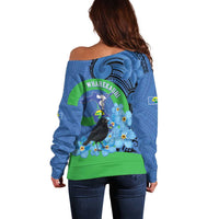 New Zealand Chatham Islands Off Shoulder Sweater Wharekauri Forget Me Not With Black Robin