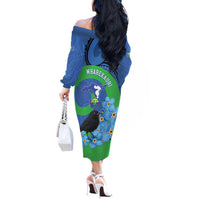 New Zealand Chatham Islands Off The Shoulder Long Sleeve Dress Wharekauri Forget Me Not With Black Robin