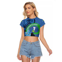 New Zealand Chatham Islands Raglan Cropped T Shirt Wharekauri Forget Me Not With Black Robin LT14 Female Blue - Polynesian Pride