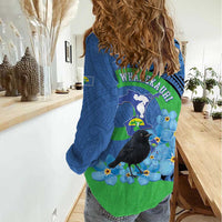 New Zealand Chatham Islands Women Casual Shirt Wharekauri Forget Me Not With Black Robin LT14 - Polynesian Pride