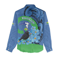 New Zealand Chatham Islands Women Casual Shirt Wharekauri Forget Me Not With Black Robin LT14 - Polynesian Pride