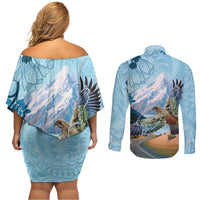 New Zealand South Island Couples Matching Off Shoulder Short Dress and Long Sleeve Button Shirt Te Waipounamu Aoraki Kea Bird