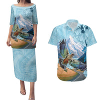 New Zealand South Island Couples Matching Puletasi and Hawaiian Shirt Te Waipounamu Aoraki Kea Bird LT14 Blue - Polynesian Pride