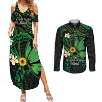 Polynesia Mental Health Awareness Couples Matching Summer Maxi Dress and Long Sleeve Button Shirt Green Ribbon Be Kind To Your Mind