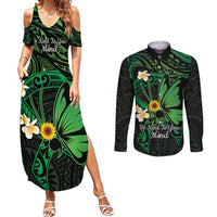 Polynesia Mental Health Awareness Couples Matching Summer Maxi Dress and Long Sleeve Button Shirt Green Ribbon Be Kind To Your Mind LT14 Green - Polynesian Pride