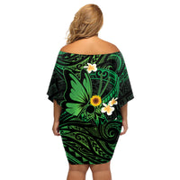 Polynesia Mental Health Awareness Family Matching Off Shoulder Short Dress and Hawaiian Shirt Green Ribbon Be Kind To Your Mind