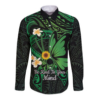 Polynesia Mental Health Awareness Long Sleeve Button Shirt Green Ribbon Be Kind To Your Mind