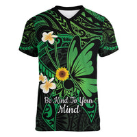 Polynesia Mental Health Awareness Women V-Neck T-Shirt Green Ribbon Be Kind To Your Mind