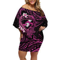 Polynesia Breast Cancer Awareness Family Matching Off Shoulder Short Dress and Hawaiian Shirt Pink Ribbon No One Fights Alone - Black