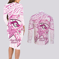 Polynesia Breast Cancer Awareness Couples Matching Long Sleeve Bodycon Dress and Long Sleeve Button Shirt Pink Ribbon No One Fights Alone - White