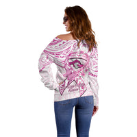 Polynesia Breast Cancer Awareness Off Shoulder Sweater Pink Ribbon No One Fights Alone - White