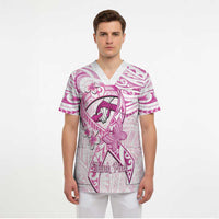 Polynesia Breast Cancer Awareness Scrub Top Pink Ribbon No One Fights Alone - White - Polynesian Pride