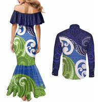 Southland New Zealand Couples Matching Mermaid Dress and Long Sleeve Button Shirt Maori Koru Flag Color LT14 - Polynesian Pride