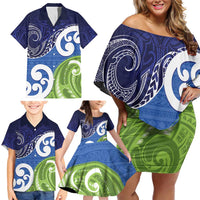 Southland New Zealand Family Matching Off Shoulder Short Dress and Hawaiian Shirt Maori Koru Flag Color