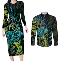 Southland Takehe Pounama Couples Matching Long Sleeve Bodycon Dress and Long Sleeve Button Shirt Aotearoa Poutama Paua Shell Fern LT14 Black - Polynesian Pride