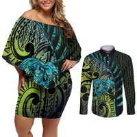 Southland Takehe Pounama Couples Matching Off Shoulder Short Dress and Long Sleeve Button Shirt Aotearoa Poutama Paua Shell Fern LT14 Black - Polynesian Pride