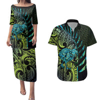 Southland Takehe Pounama Couples Matching Puletasi and Hawaiian Shirt Aotearoa Poutama Paua Shell Fern LT14 Black - Polynesian Pride