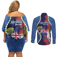 Southland Anniversary Day Couples Matching Off Shoulder Short Dress and Long Sleeve Button Shirt Murihiku 1861 Maori Bird Mix Pohutukawa