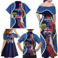 Southland Anniversary Day Family Matching Off Shoulder Maxi Dress and Hawaiian Shirt Murihiku 1861 Maori Bird Mix Pohutukawa