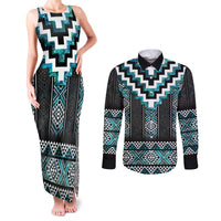 Paua Shell Taniko Pattern Aotearoa Couples Matching Tank Maxi Dress and Long Sleeve Button Shirt Niho Taniwha Mix Poutama
