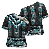 Paua Shell Taniko Pattern Aotearoa Cross Shoulder Shirt Niho Taniwha Mix Poutama - Polynesian Pride