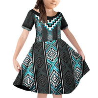 Paua Shell Taniko Pattern Aotearoa Family Matching Off Shoulder Short Dress and Hawaiian Shirt Niho Taniwha Mix Poutama LT14 Daughter's Dress Turquoise - Polynesian Pride