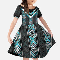 Paua Shell Taniko Pattern Aotearoa Family Matching Puletasi and Hawaiian Shirt Niho Taniwha Mix Poutama LT14 Daughter's Dress Turquoise - Polynesian Pride