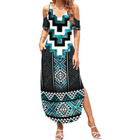 Paua Shell Taniko Pattern Aotearoa Family Matching Summer Maxi Dress and Hawaiian Shirt Niho Taniwha Mix Poutama LT14 Mom's Dress Turquoise - Polynesian Pride