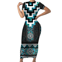 Paua Shell Taniko Pattern Aotearoa Short Sleeve Bodycon Dress Niho Taniwha Mix Poutama LT14 Long Dress Turquoise - Polynesian Pride