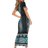 Paua Shell Taniko Pattern Aotearoa Short Sleeve Bodycon Dress Niho Taniwha Mix Poutama LT14 - Polynesian Pride