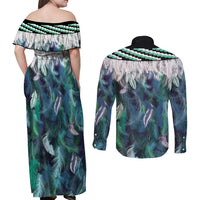 Aotearoa Korowai Motif Couples Matching Off Shoulder Maxi Dress and Long Sleeve Button Shirt Hei Matau Poutama Maori Pattern LT14 - Polynesian Pride
