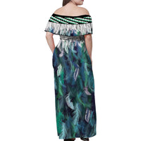 Aotearoa Korowai Motif Family Matching Off Shoulder Maxi Dress and Hawaiian Shirt Hei Matau Poutama Maori Pattern