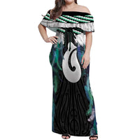 Aotearoa Korowai Motif Off Shoulder Maxi Dress Hei Matau Poutama Maori Pattern