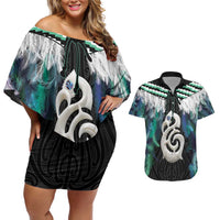 Aotearoa Korowai Motif Couples Matching Off Shoulder Short Dress and Hawaiian Shirt Hei Manaia Poutama Maori Pattern LT14 Turquoise - Polynesian Pride