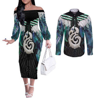 Aotearoa Korowai Motif Couples Matching Off The Shoulder Long Sleeve Dress and Long Sleeve Button Shirt Hei Manaia Poutama Maori Pattern LT14 Turquoise - Polynesian Pride
