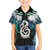 Aotearoa Korowai Motif Family Matching Tank Maxi Dress and Hawaiian Shirt Hei Manaia Poutama Maori Pattern LT14 Son's Shirt Turquoise - Polynesian Pride