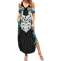 Aotearoa Korowai Motif Family Matching Summer Maxi Dress and Hawaiian Shirt Maori Wheku Poutama LT14 Mom's Dress Turquoise - Polynesian Pride