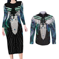 Aotearoa Korowai Motif Couples Matching Long Sleeve Bodycon Dress and Long Sleeve Button Shirt Maori Tane Poutama LT14 Turquoise - Polynesian Pride