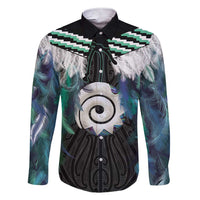 Aotearoa Korowai Motif Family Matching Short Sleeve Bodycon Dress and Hawaiian Shirt Maori Koru Poutama LT14 Dad's Shirt - Long Sleeve Turquoise - Polynesian Pride