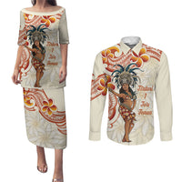 Heiva i Tahiti Couples Matching Puletasi and Long Sleeve Button Shirt Ori Tahitian Dance Tiare Maori LT14 Beige - Polynesian Pride