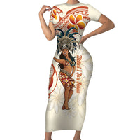 Heiva i Tahiti Family Matching Short Sleeve Bodycon Dress and Hawaiian Shirt Ori Tahitian Dance Tiare Maori LT14 Mom's Dress Beige - Polynesian Pride