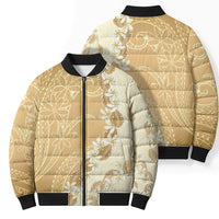 Heiva i Tahiti Bomber Puffer Jacket Tahitian Tiare Maori Cowrie Lei Brown