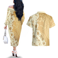 Heiva i Tahiti Couples Matching Off The Shoulder Long Sleeve Dress and Hawaiian Shirt Tahitian Tiare Maori Cowrie Lei Brown LT14 - Polynesian Pride