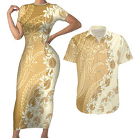 Heiva i Tahiti Couples Matching Short Sleeve Bodycon Dress and Hawaiian Shirt Tahitian Tiare Maori Cowrie Lei Brown LT14 Brown - Polynesian Pride