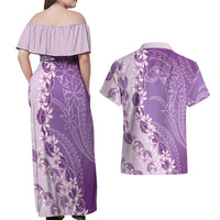 Heiva i Tahiti Couples Matching Off Shoulder Maxi Dress and Hawaiian Shirt Tahitian Tiare Maori Cowrie Lei Purple LT14 - Polynesian Pride