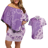 Heiva i Tahiti Couples Matching Off Shoulder Short Dress and Hawaiian Shirt Tahitian Tiare Maori Cowrie Lei Purple LT14 Purple - Polynesian Pride