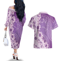 Heiva i Tahiti Couples Matching Off The Shoulder Long Sleeve Dress and Hawaiian Shirt Tahitian Tiare Maori Cowrie Lei Purple LT14 - Polynesian Pride